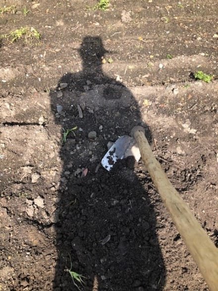 A photo of a shadow of someone holding a hoe in dirt.