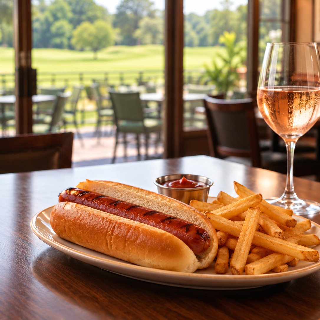 Grilled Hot Dog, Fries, and Rosé