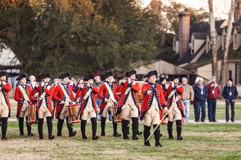 A photo of Colonial Williamsburg&#x27;s Fife and Drum Corps on Market Square green.