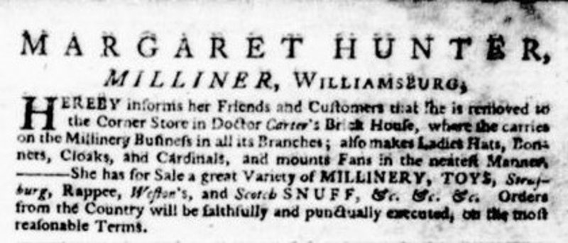 Margaret Hunter’s ad from the Virginia Gazette (Purdie and Dixon), 20 June 1771.