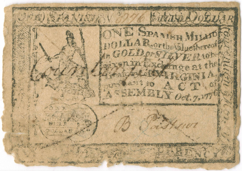 Counterfeit Virginia $1 bill, October 7, 1776 issue.