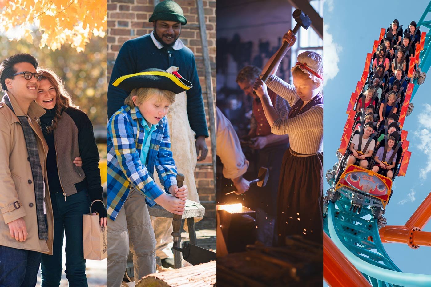 A collage of Busch Gardens and Colonial Williamsburg scenes