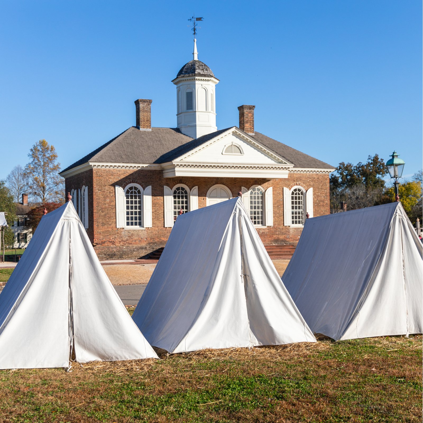 Tents set up at the military encampment in Colonial Williamsburg's Historic Area.
