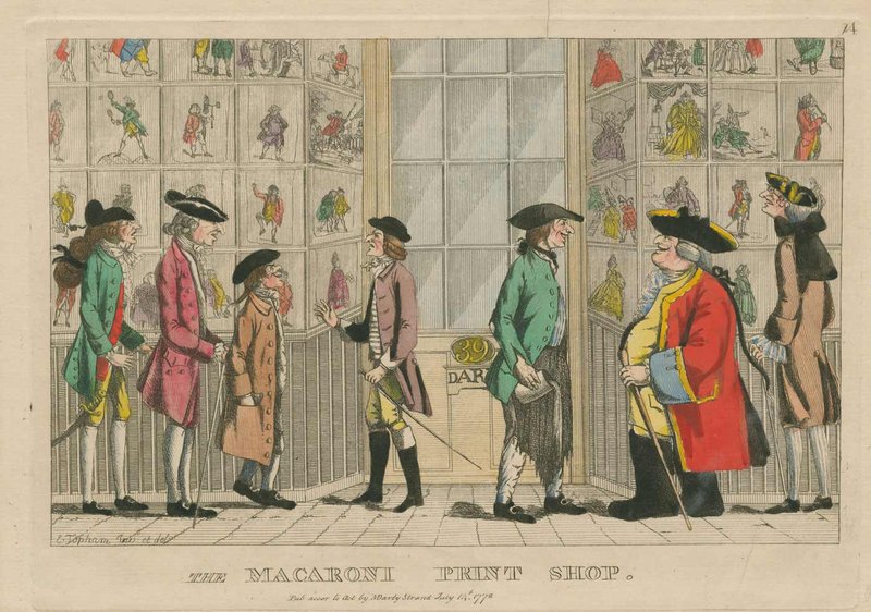 An illustration from the 18th century, in color, of 7 men dressed in period attire outside of a decorated window