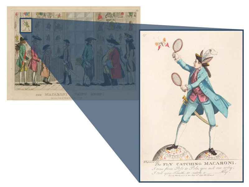 Detail from The Macaroni Print Shop (1953-49) and The Fly Catching Macaroni; after work by Whipcord, published by Matthew & Mary Darly; London, 1772; hand-colored etching.