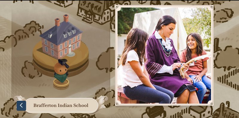 An illustration of a map of Williamsburg with a Brafferton icon and photo of a two girls interacting with the American Indian Initiative.