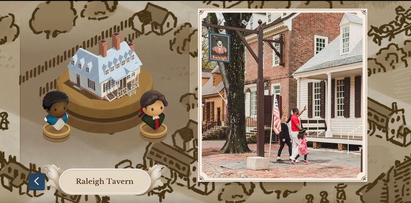 An illustration of a map of Williamsburg with a Raleigh Tavern icon and photo of a family of 3 walking towards the Raleigh Tavern.