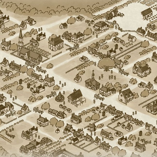 An illustration on 18th century Williamsburg in sepia tone