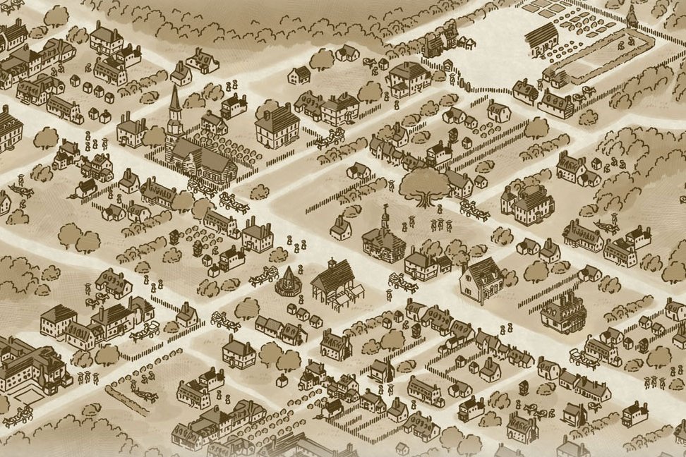 An illustration on 18th century Williamsburg in sepia tone